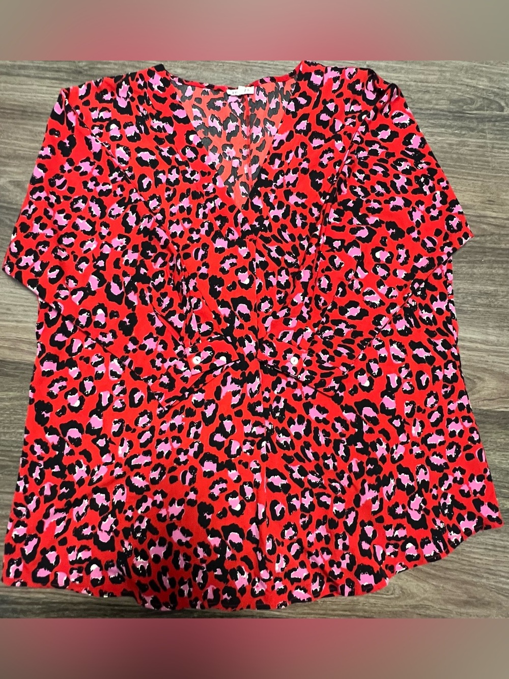 JODIFL Red Pink and Black Leopard Print Twist-Front Blouse